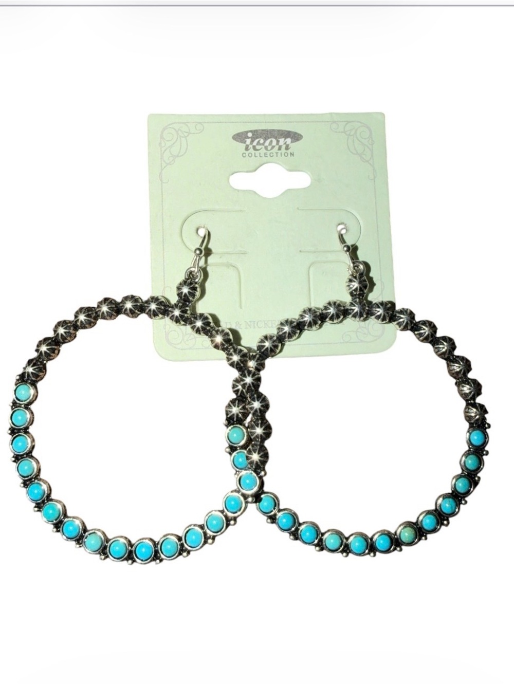Turquoise Stone Silver Hoop Earrings - Women Jewelry
